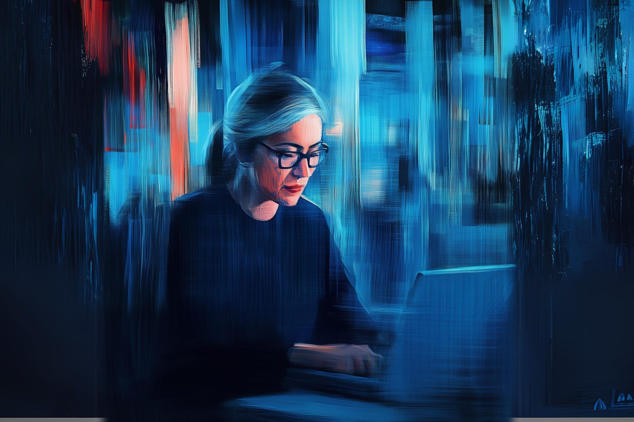 A woman with glasses sitting at a laptop in a dimly lit environment, illuminated by soft blue tones. The image features a blurred effect, emphasizing her focused expression as she works on the computer.