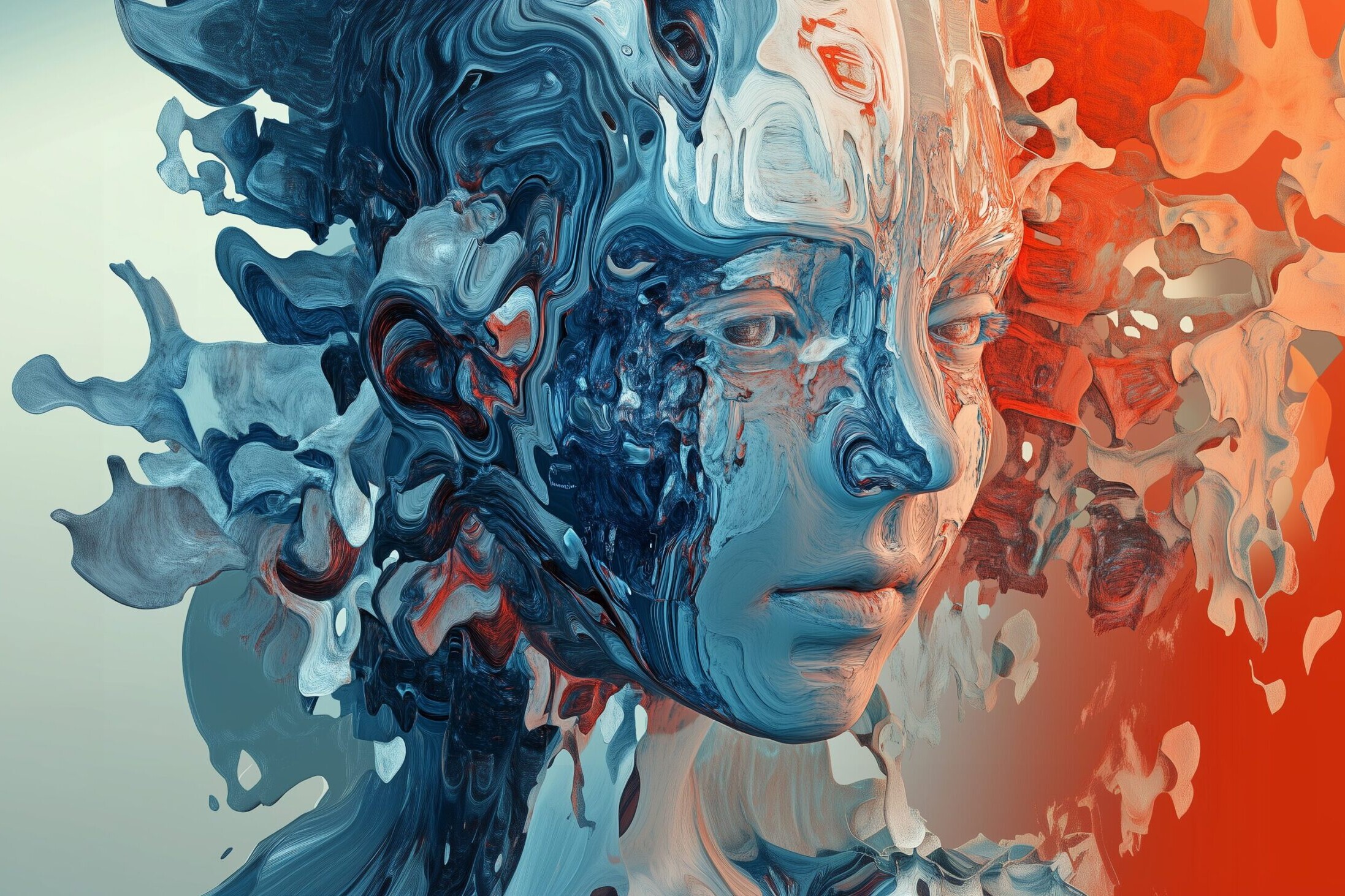 An abstract representation of a human-like face with fluid, swirling colors in shades of blue and orange, symbolizing the fusion of technology and human emotion, reflecting themes of artificial intelligence and digital identity.