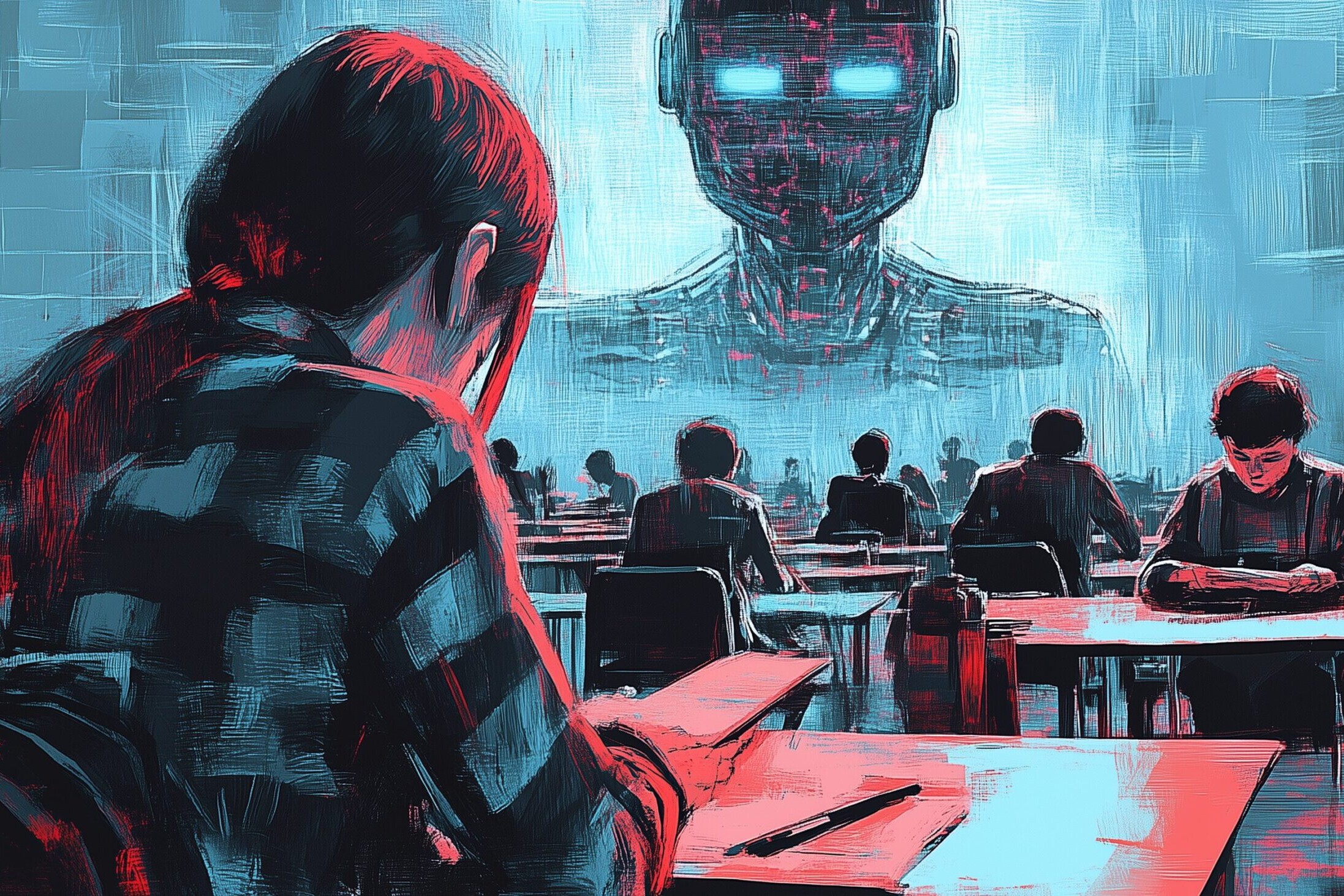 A classroom scene featuring students focused on their work at desks, with a large, stylized robotic figure in the background. The image is rendered in bold red and blue hues, emphasizing the contrast between human effort and technological presence.