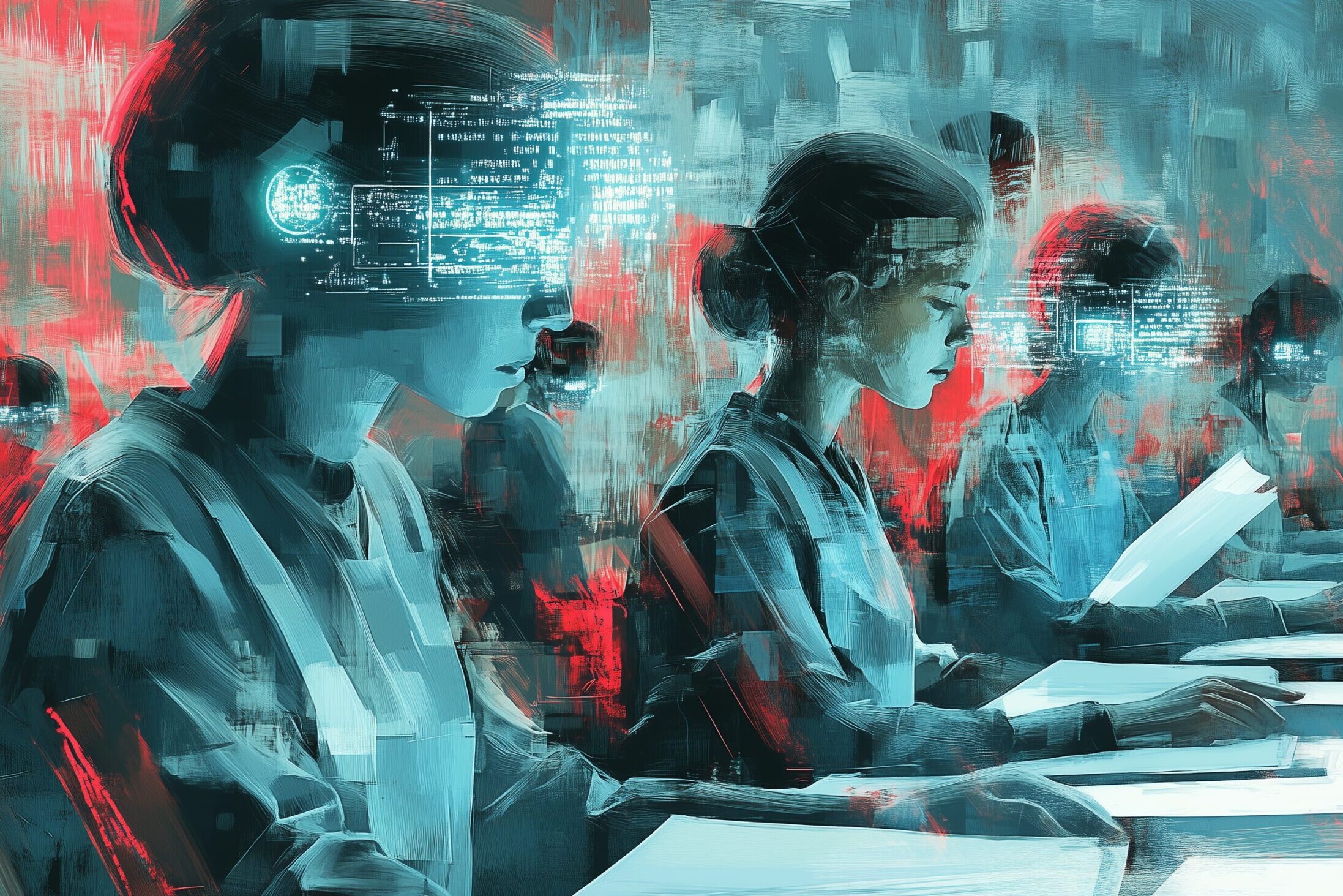 A classroom scene where students are wearing augmented reality headsets, appearing focused on their studies. The image features a blend of glowing digital data and abstract patterns, emphasizing a high-tech learning atmosphere.