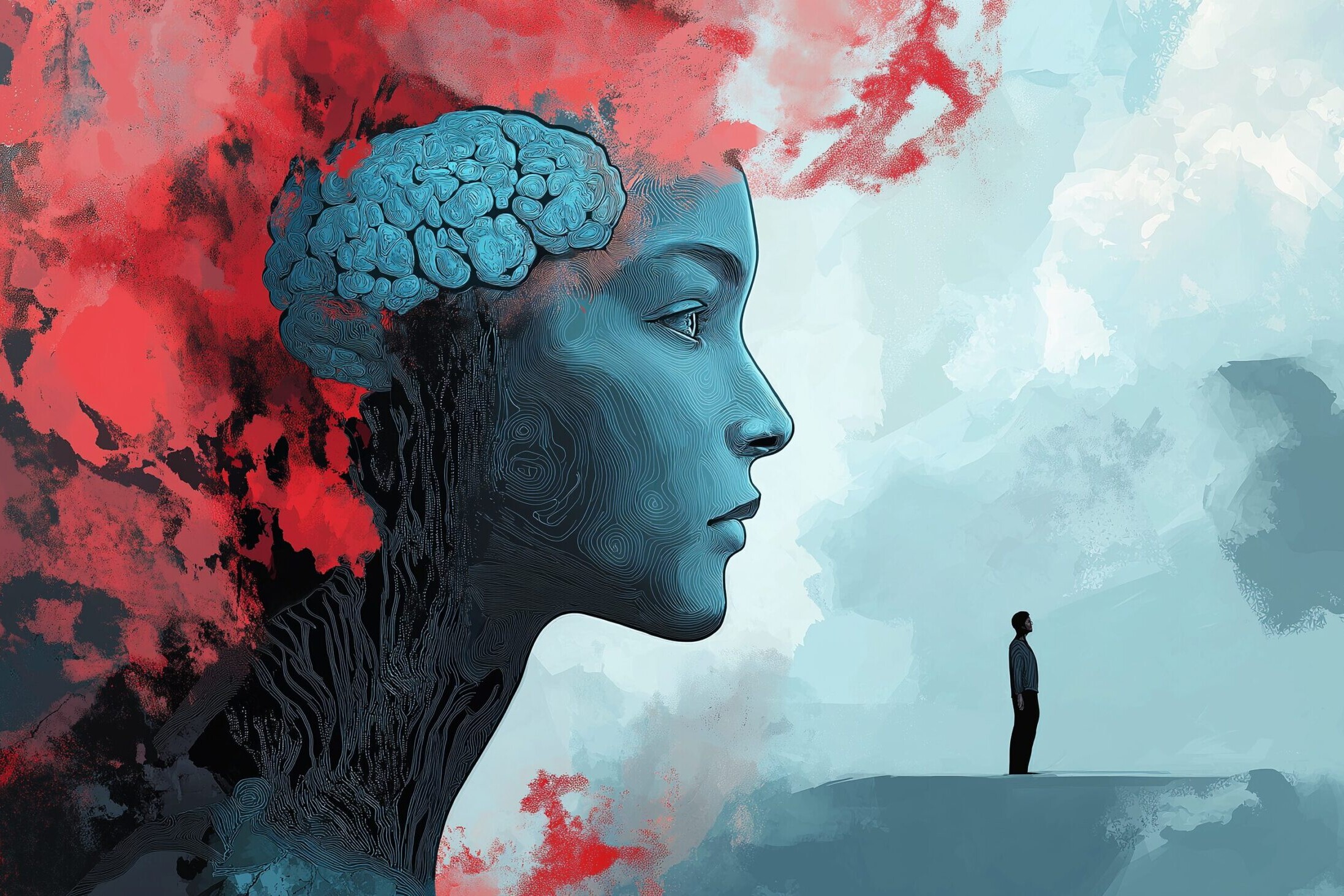 A profile of a woman with a blue brain emerging from her head, symbolizing artificial intelligence and human thought. Surrounding her are swirling red and blue clouds, while a small figure stands in the foreground, representing contemplation of AI's impact on consciousness.