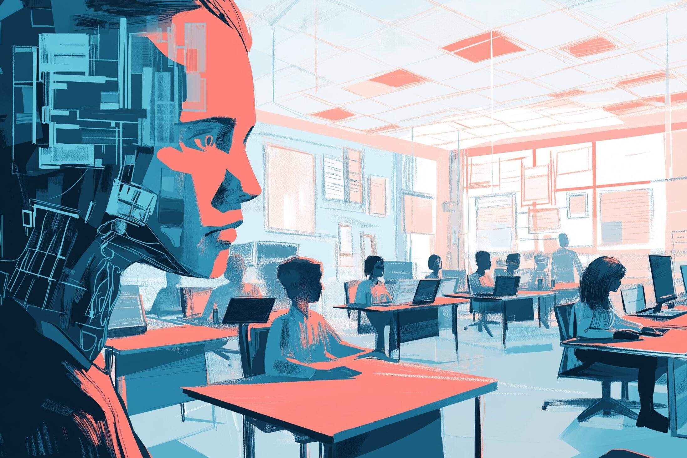 A humanoid robot with a partially transparent head showcasing intricate circuitry stands in a classroom filled with students using computers. The environment features a bright, airy design with large windows, blending technology and traditional learning spaces.