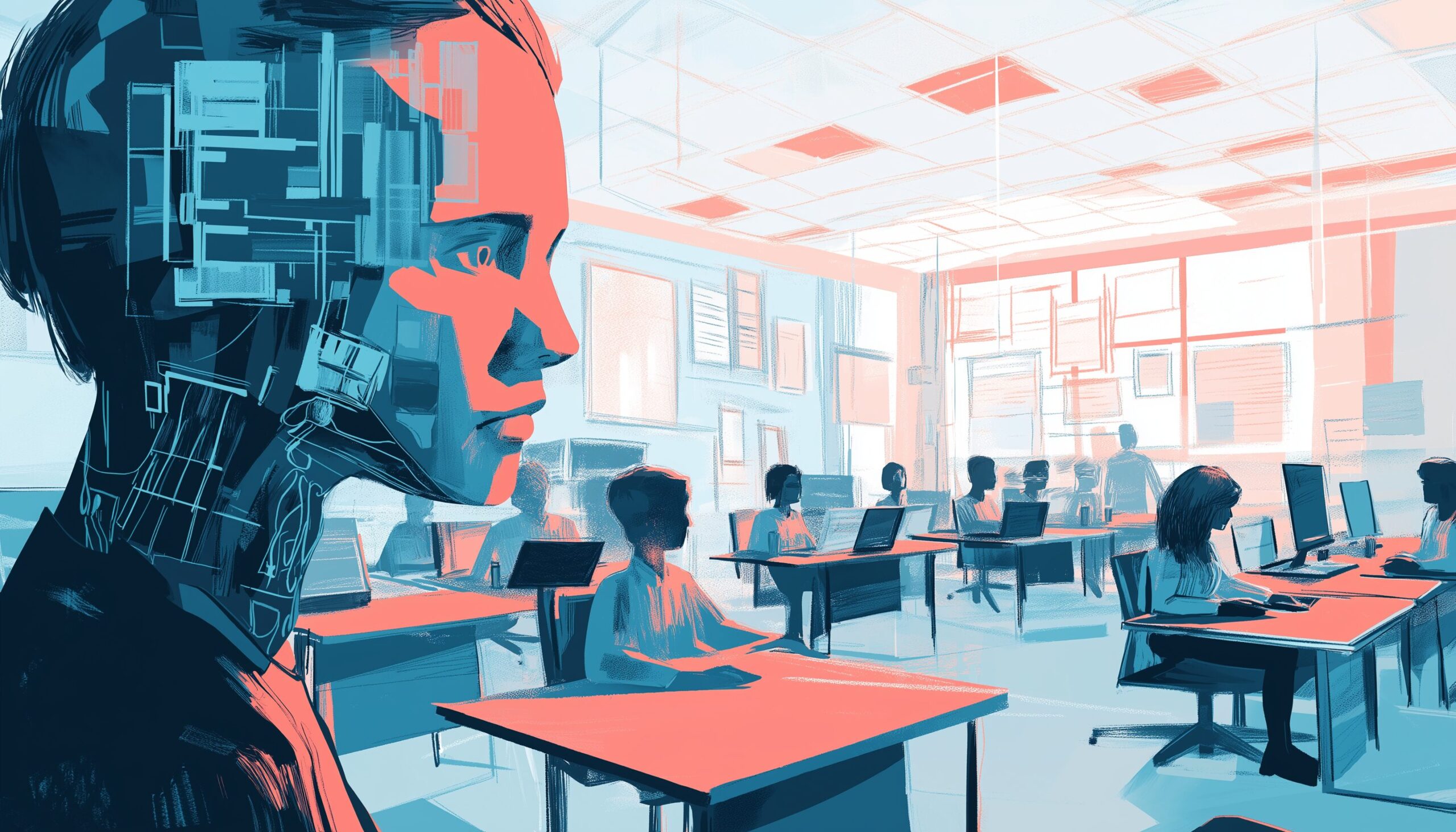 A humanoid robot with a partially transparent head showcasing intricate circuitry stands in a classroom filled with students using computers. The environment features a bright, airy design with large windows, blending technology and traditional learning spaces.