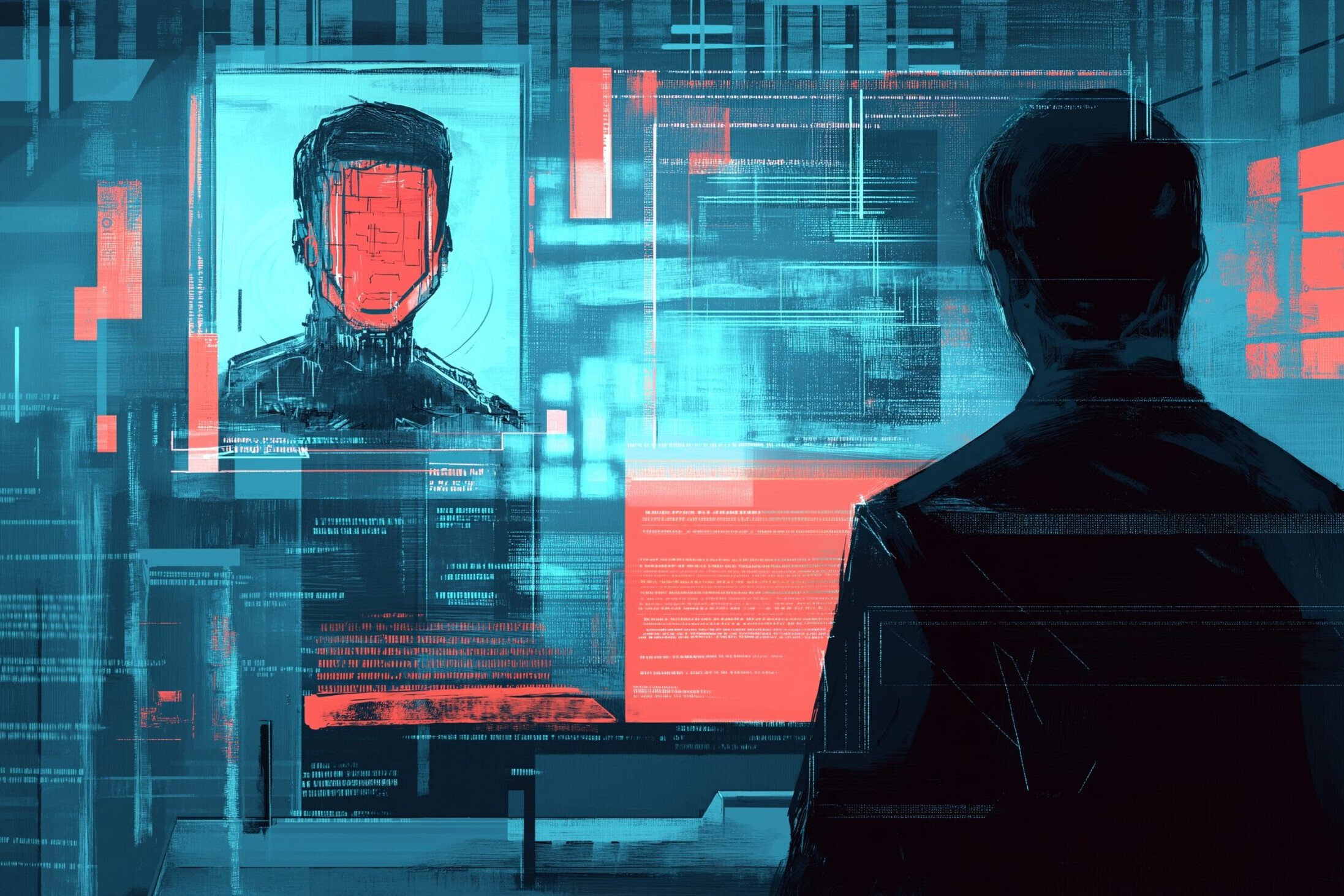 A man stands facing a digital screen showing a faceless AI figure, surrounded by glowing blue and red data streams. The scene conveys a high-tech environment focused on human-AI interaction.