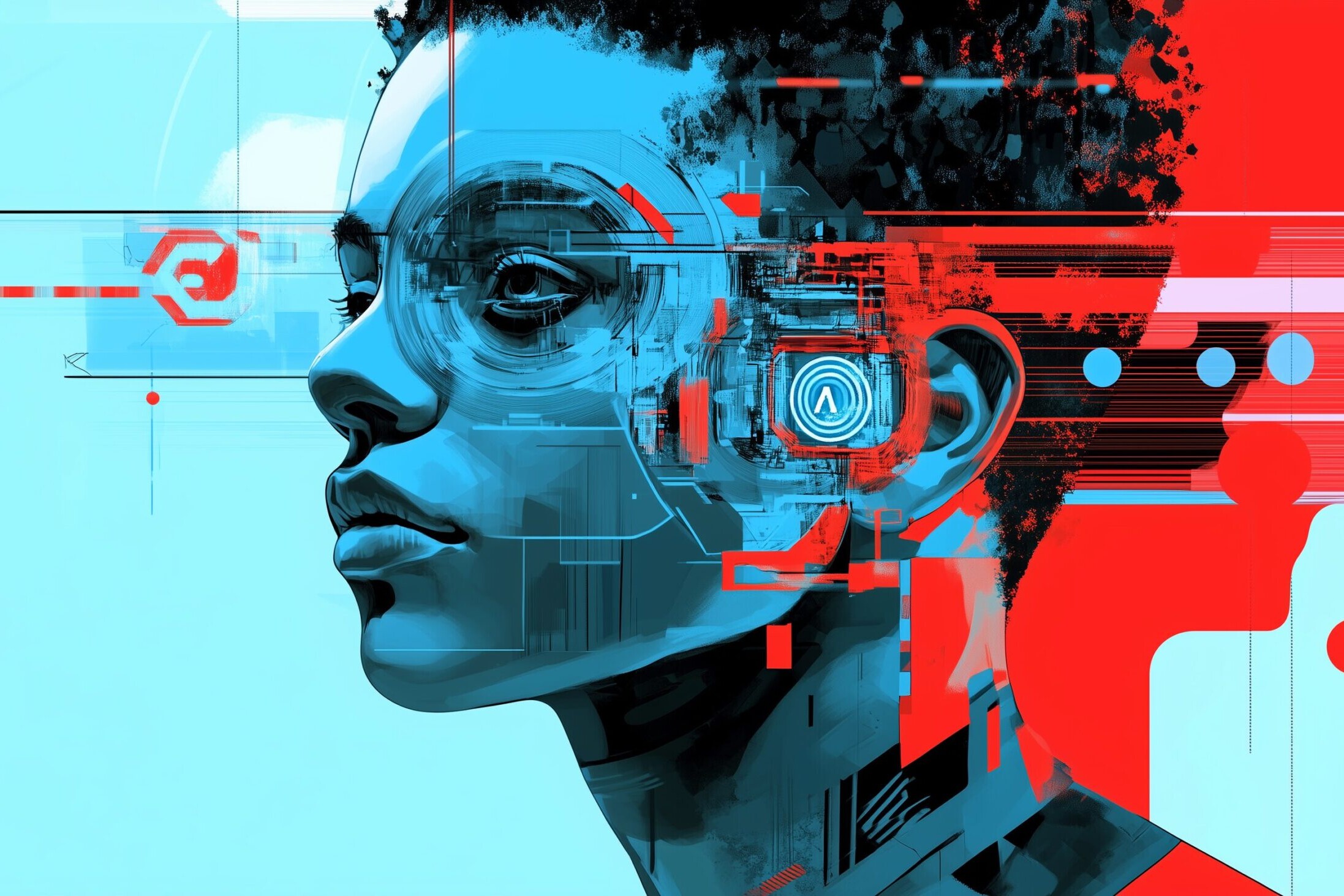 A close-up of a person's face with short, curly hair, rendered in a mix of blue and red hues. The face features digital overlays and circuitry patterns, emphasizing a fusion of human and machine. Abstract shapes and lines surround the figure, creating a dynamic, tech-inspired aesthetic.