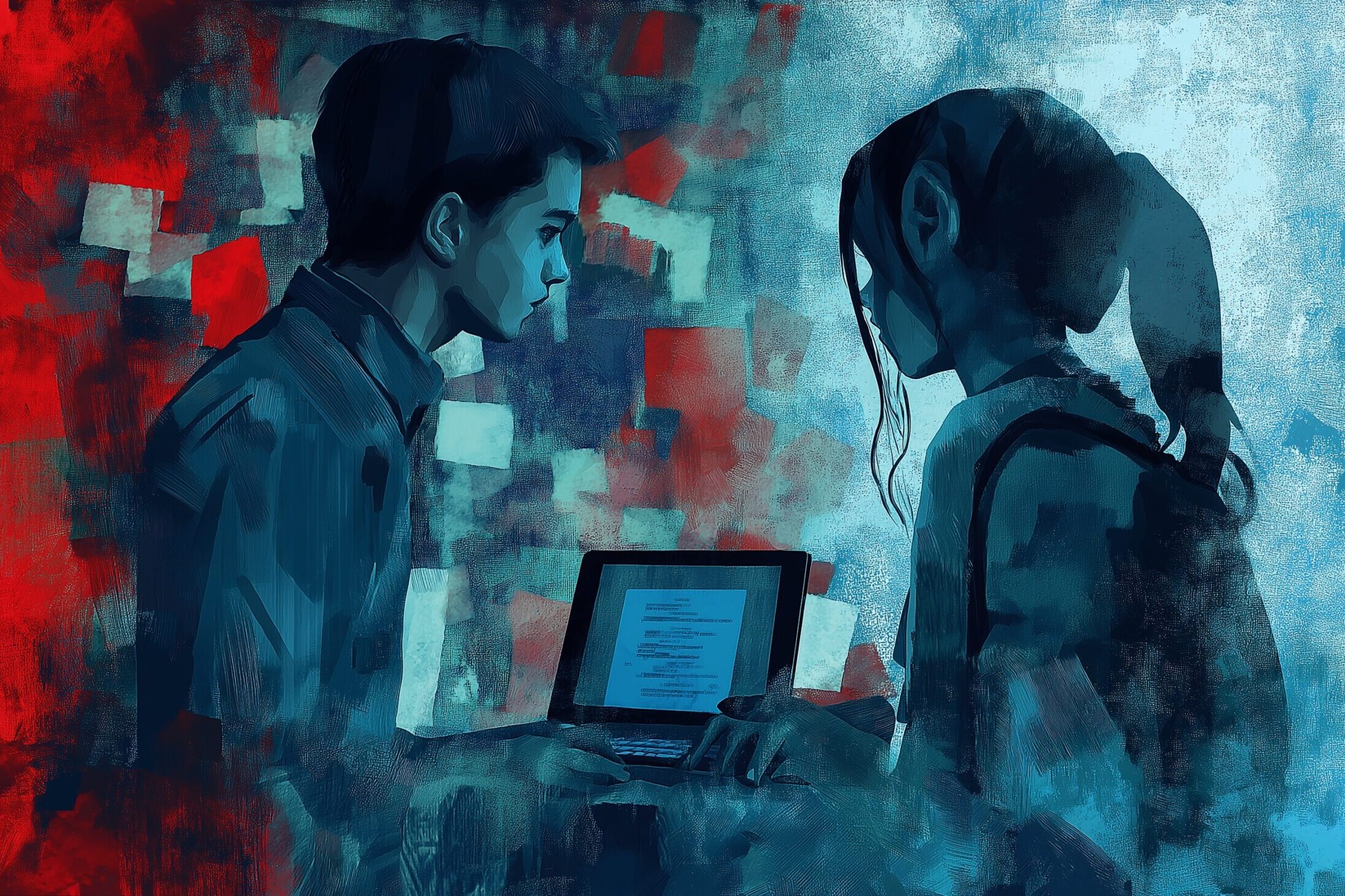 Two figures stand facing each other, one with a laptop open in front of them. The scene is divided by contrasting colors—red on one side and blue on the other—creating a dramatic atmosphere. The expressions of the figures convey intensity and focus.
