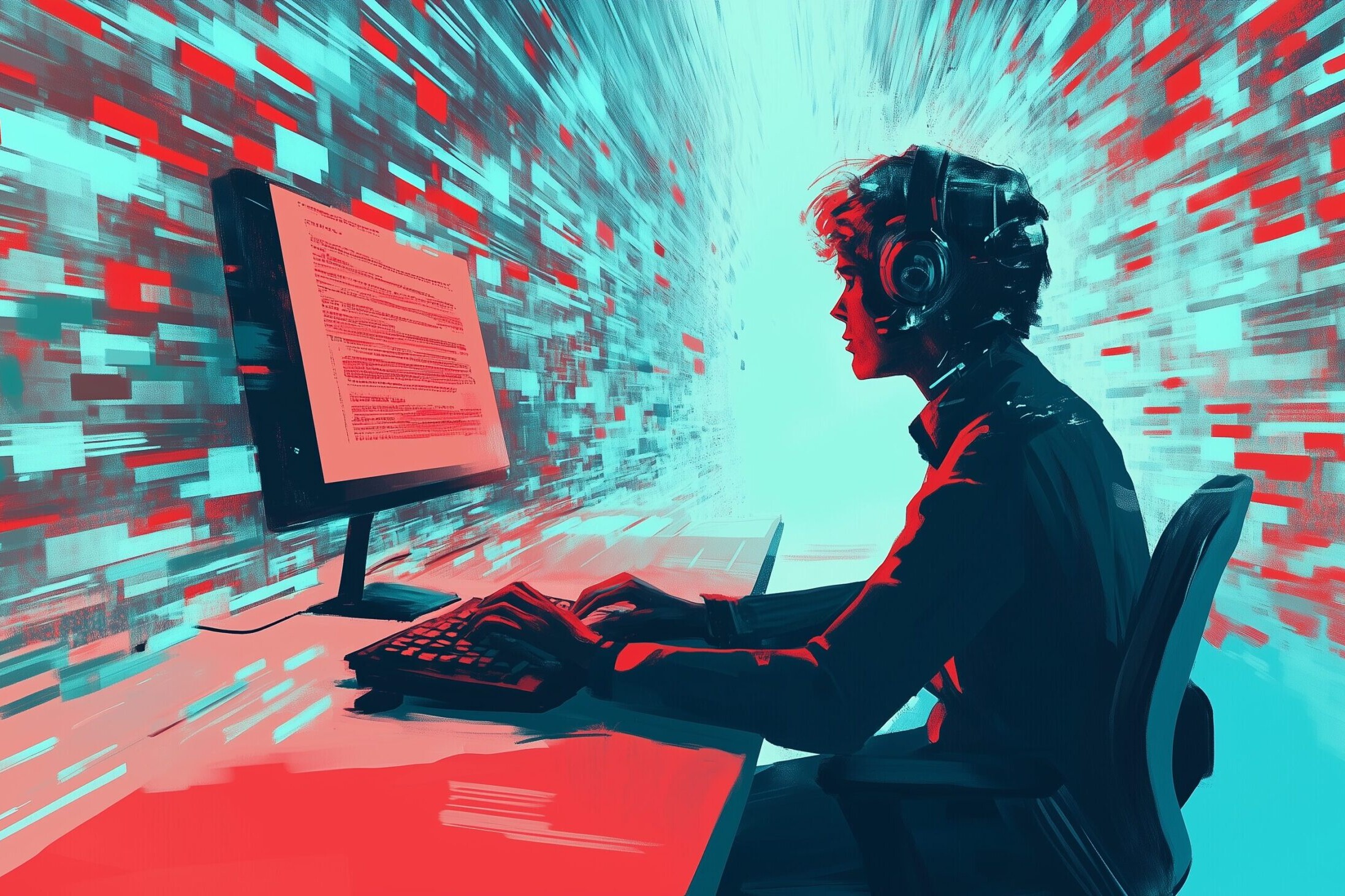 A person with curly hair wearing headphones sits at a computer, focused on the screen. The background is filled with dynamic bursts of red and blue data, illustrating a high-energy digital environment.